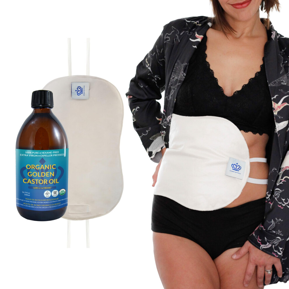 Dronning Af Tronerne Queen Of The Thrones Castor Oil Pack For Liver Kit - Heatless Less-Mess Reusable - Organic Cotton Flannel Comfort Fit Soft Straps & Naturopathic D