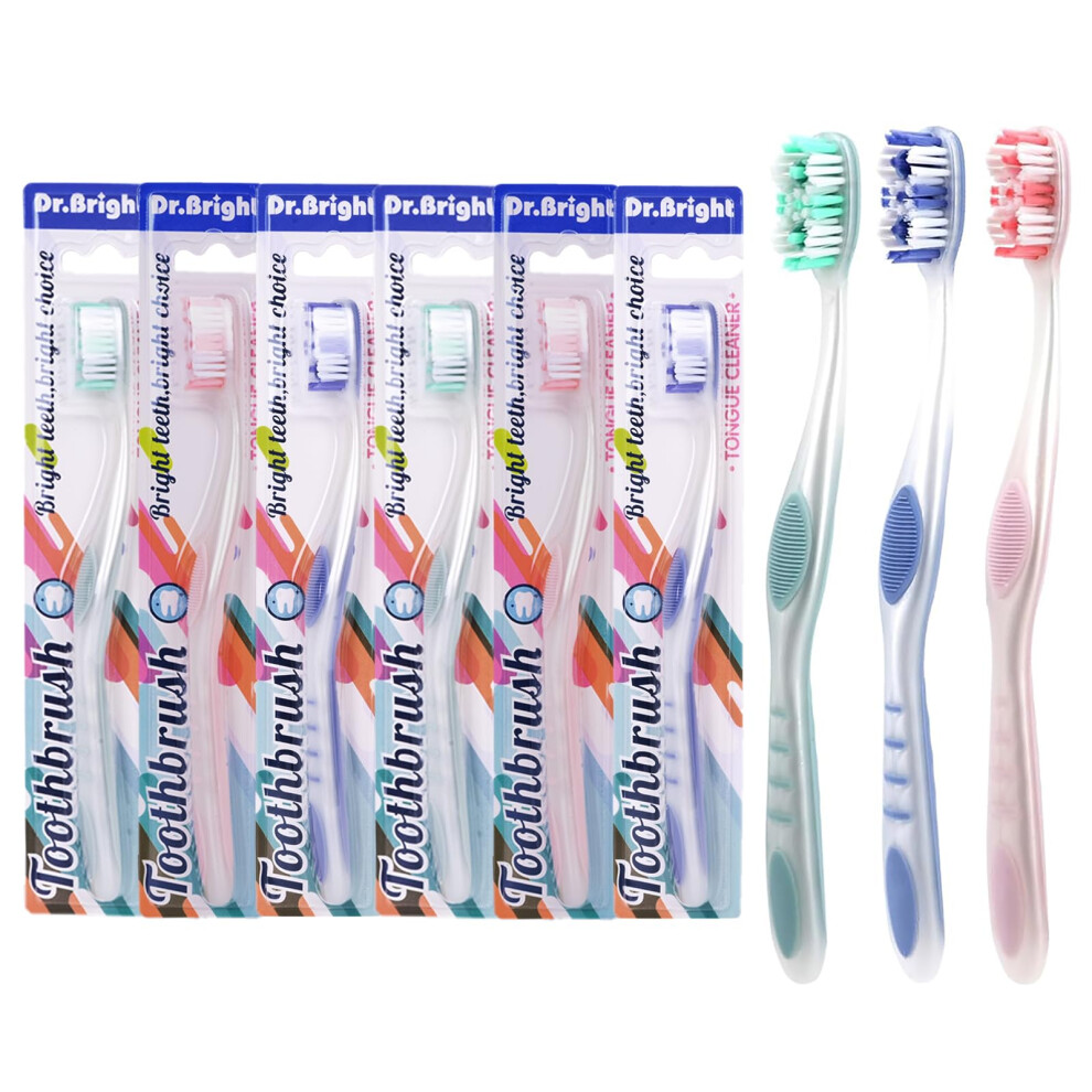Dr.Bright Spazzolino Da Denti Per Adulti, Detergente Per Lingua, Spazzolino Medio Per Adulti, Manico Antiscivolo, Spazzolino Da Denti, Colori Assortiti, Confezione Individuale, Confezione Da 6-image