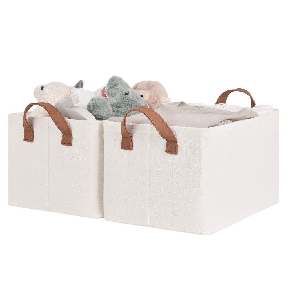 StorageWorks Storage Bins Fabric Storage Bins for Shelves Storage Baskets with Metal Frame Closet Baskets and Bins with Handles Natural Color 2-P