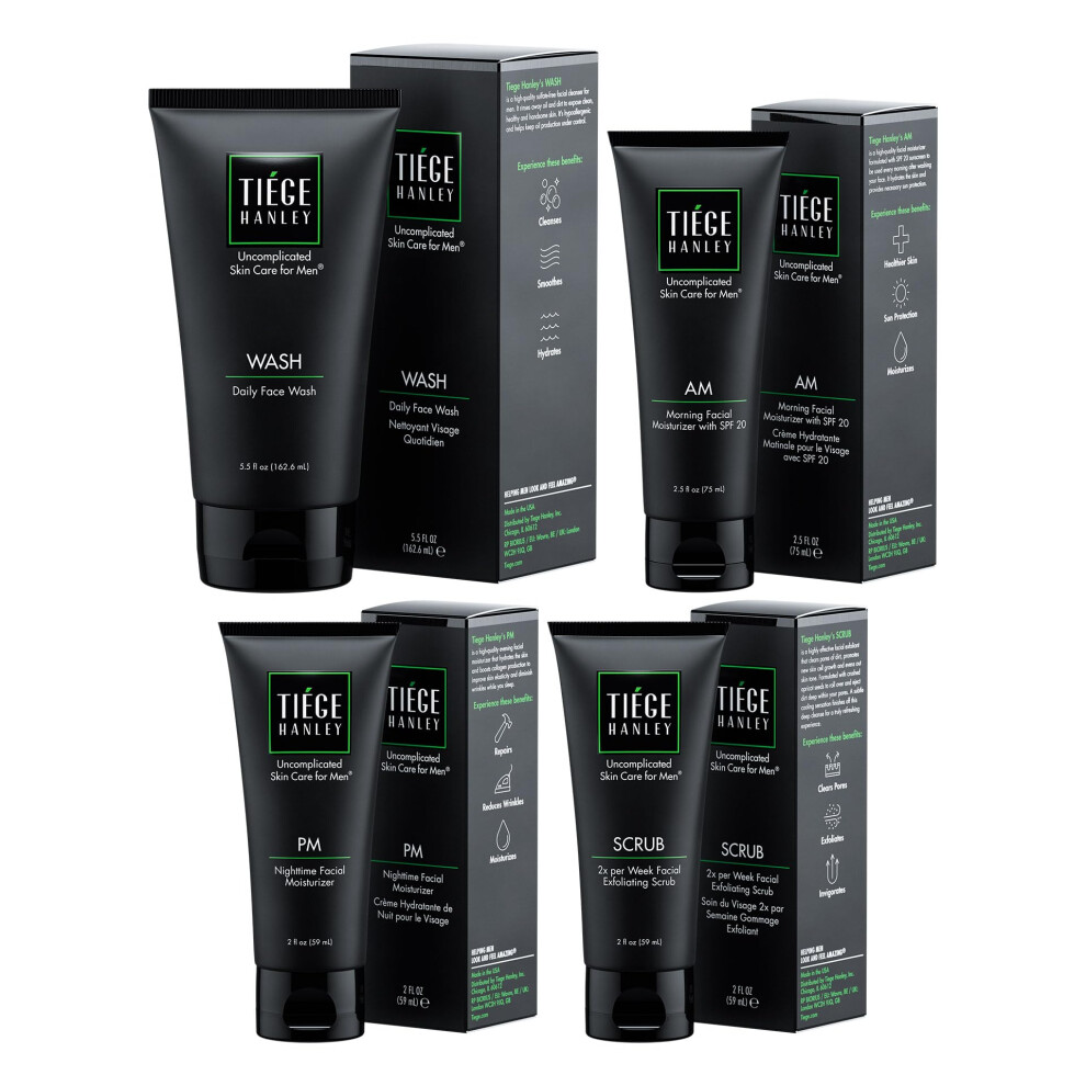 Tiege Hanley 90-Day Large Essential Skin Care Routine for Men (Level 1) - Smooth hydrate and protect your skin - Men's Skincare Set Includes Face Wa
