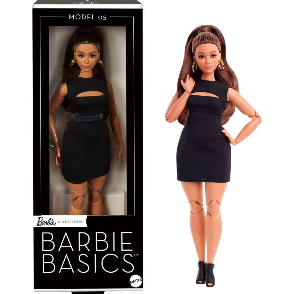 Barbie Basics Model 05 Collector Doll With Brunette Hair, Black Mini Dress & Heels, Universal-Fit Fashions, Posable Curvy Body & Swappable Doll Head