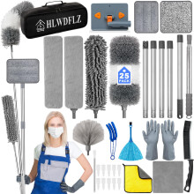 HLWDFLZ Microfiber stofdoekset 25 stuks met 30 tot 100 inch verlengpaal en plintreiniger gereedschap wasbaar en buigbaar plumeau voor het reinigen va
