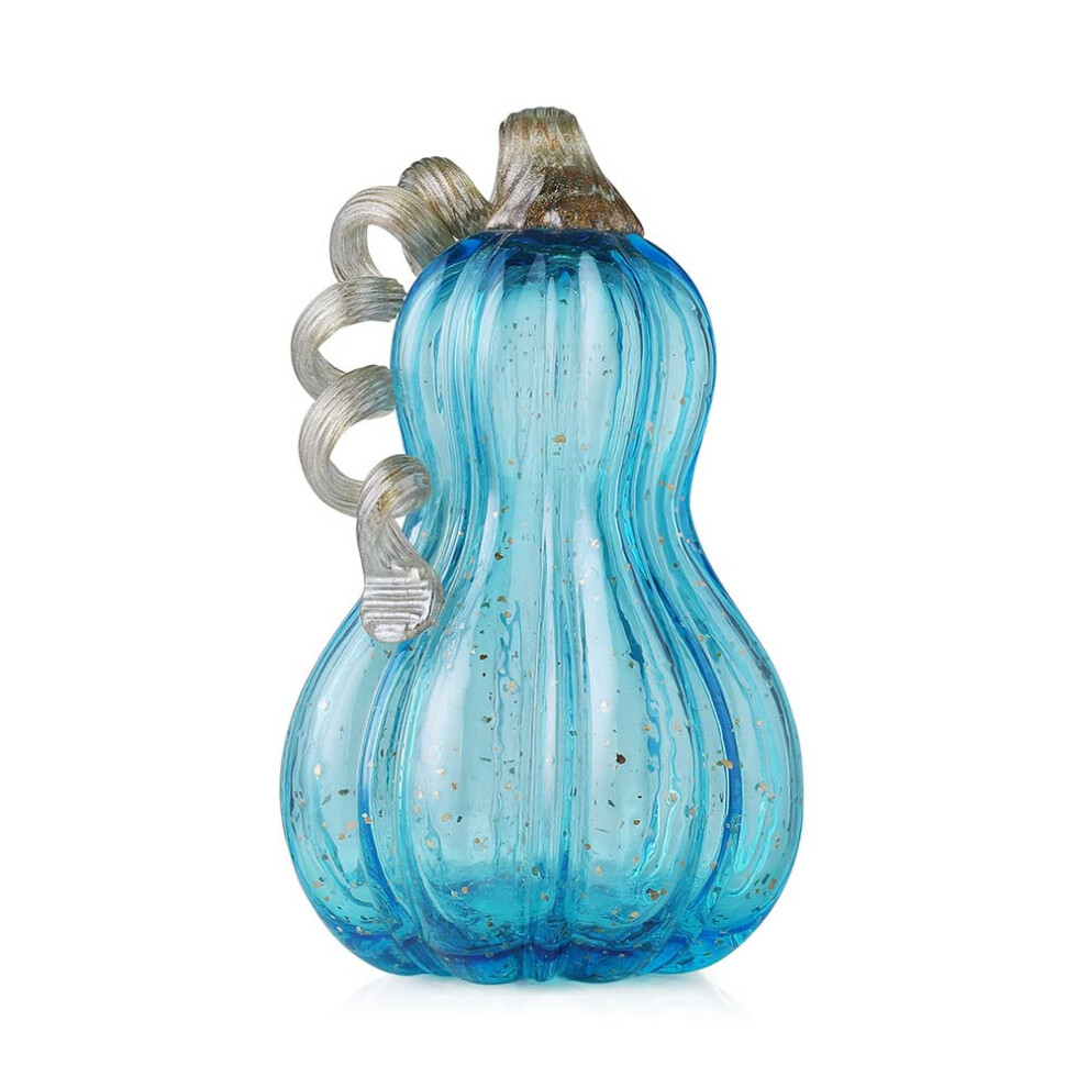 Glitzhome Hand Blown Glitter Glass Pumpkin Elegant Table Accent For Fall Harvest & Thanksgiving Decorating 8.46 Inch Blue