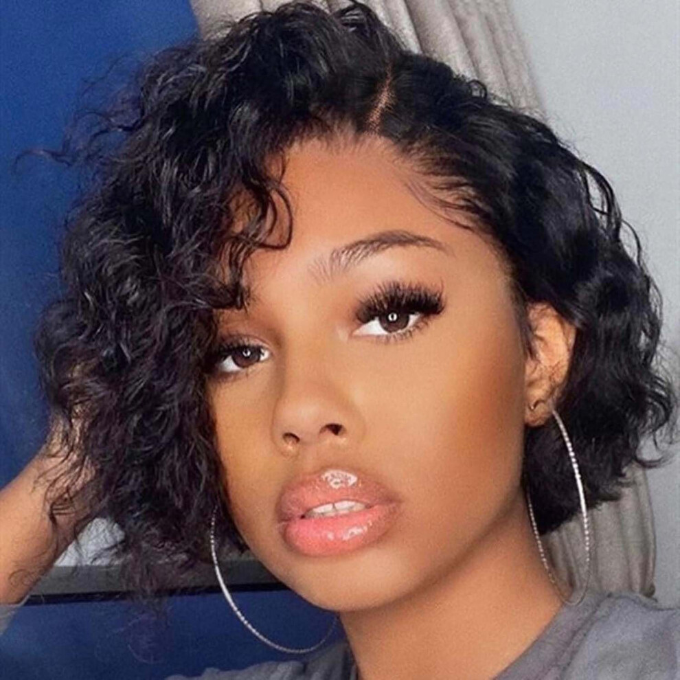 Vingel Unisex Black Wiger Short Lace Front Wigs Human Hair For Women Short Curly Bob Wig Wavy Lace Wig Pixie Cut Wig Brazilian Virgin Human Hair Curly Wigs 18
