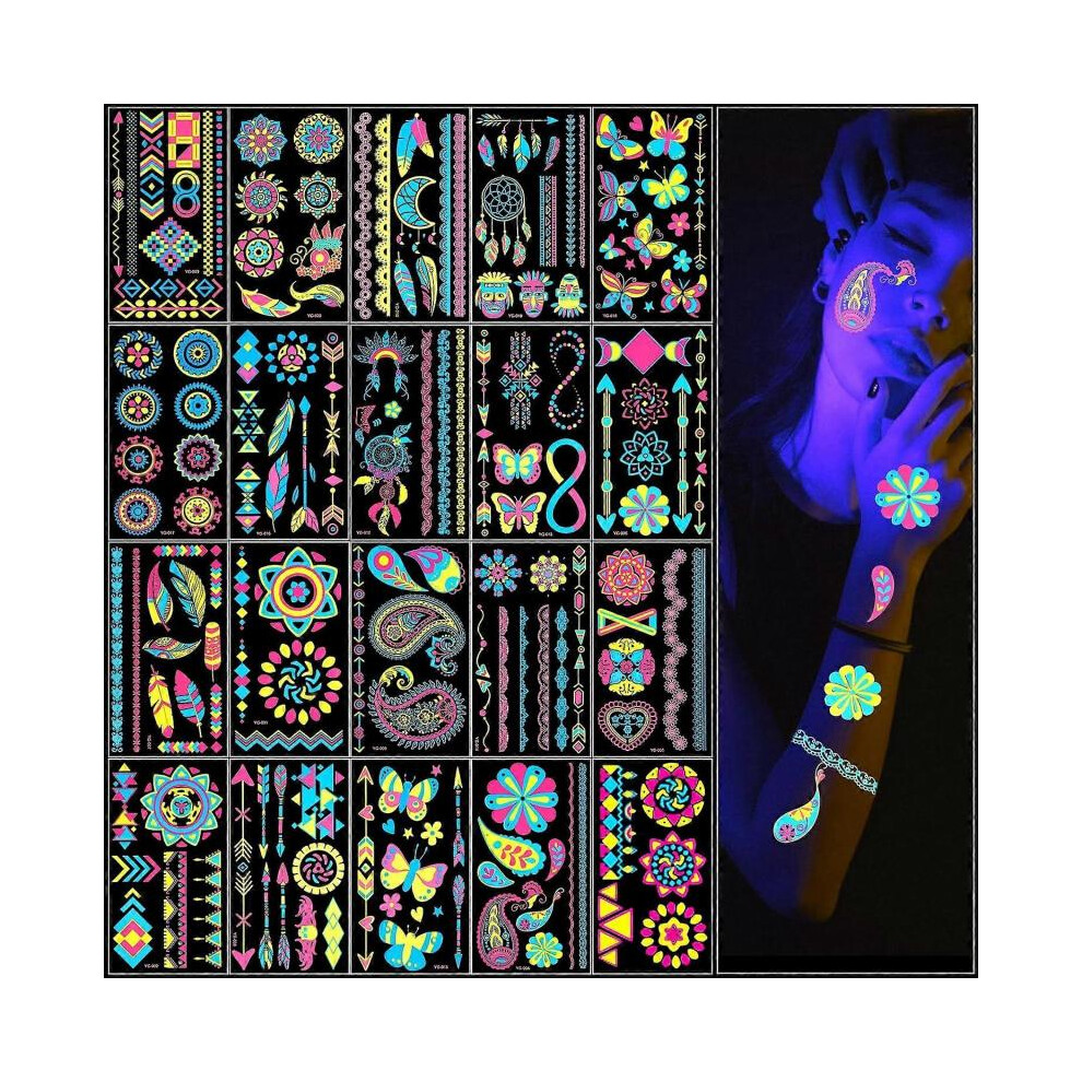 Neon Temporary Tattoos,20PCS Multiple Designs Glow in the Dark Neon Tattoos,UV Fake Waterproof Tattoo Stickers Festival Accessories