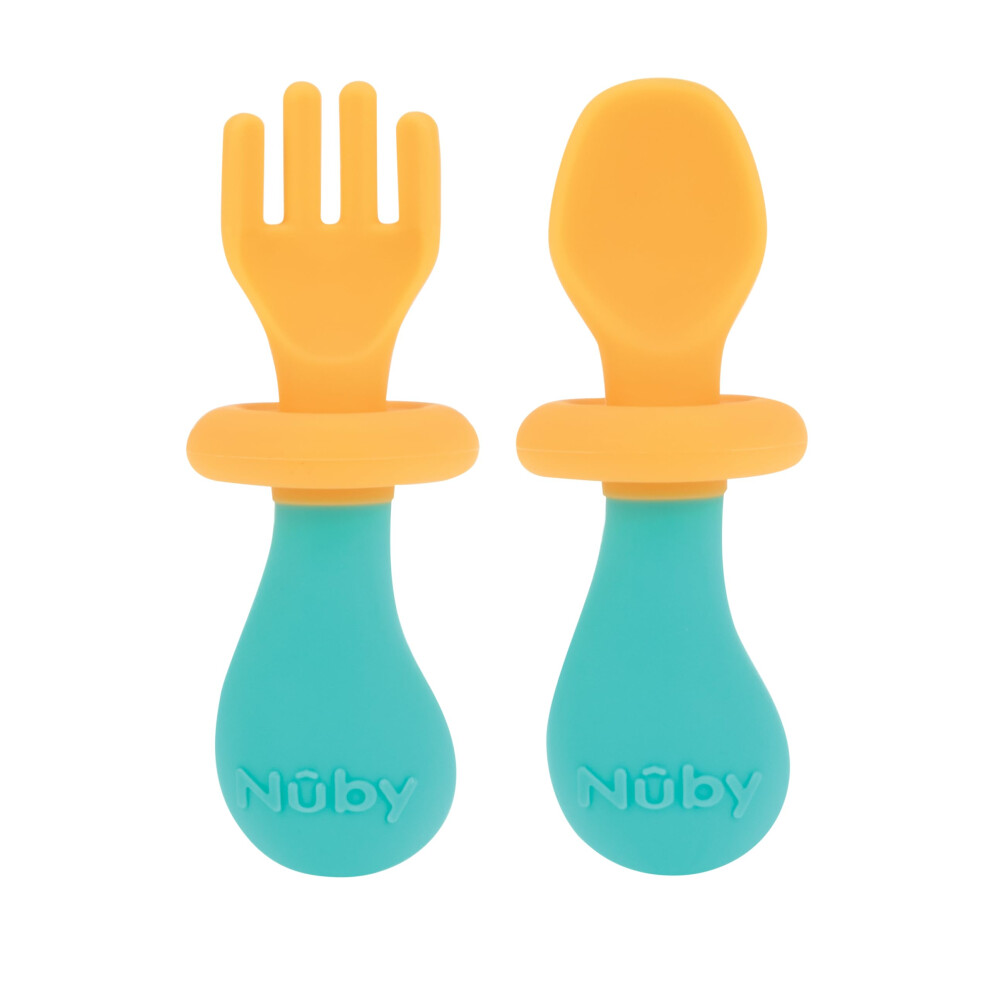 Nuby First Fork and Spoon Set - Utensils with Safety Guards for Babies 6+ Months - Orange and Aqua