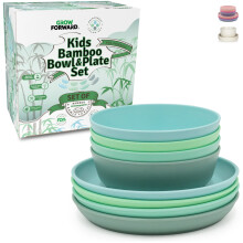 Grow Forward Bamboo Kids Plates and Bowls Set - 4 Bamboo Plates for Kids and 4 Bamboo Bowls for Kids - BPA Free & Dishwasher Safe - Eco Friendly