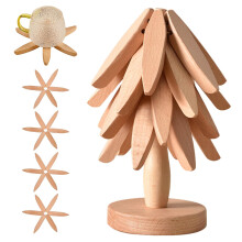 Wooden Trivets for Hot Dishes? Tree Shape Trivet Set Trivets for Hot Dishes - 4 Wooden Trivets + 1 Stand stored Like a Christmas Tree (Beech Wood)