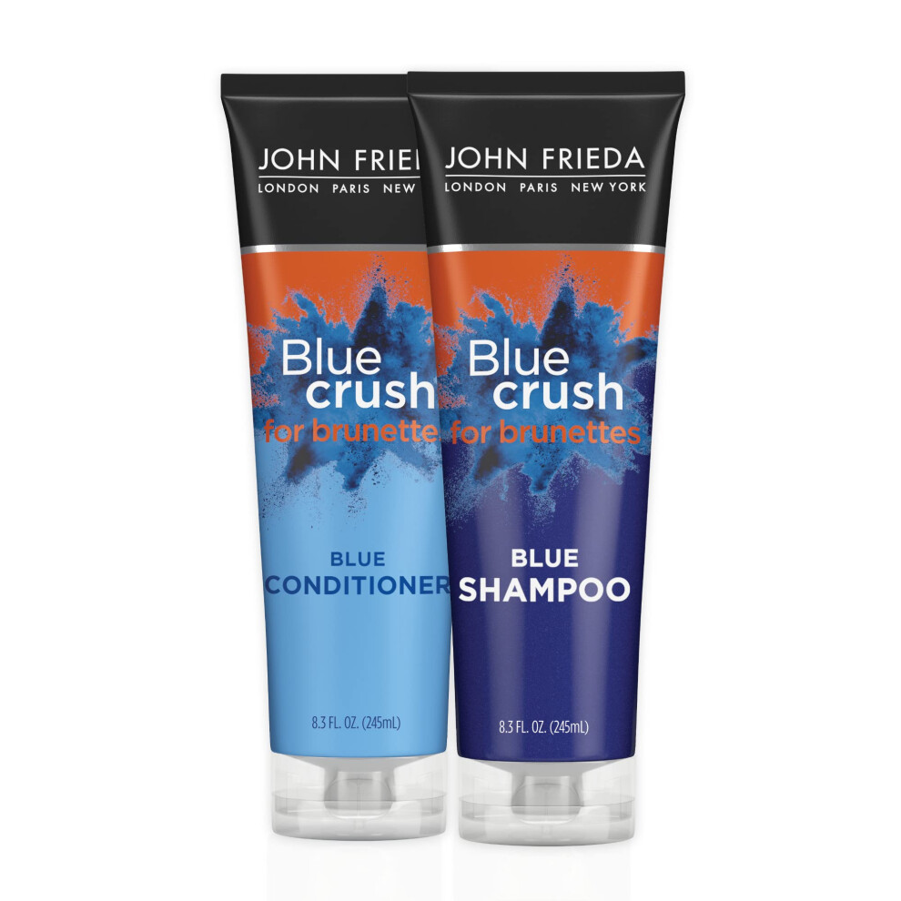 John Frieda Blue Crush Shampoo and Conditioner Set for Brassy Toned Brunettes  Crushes Brassy Tones  8.3 Fl Oz (Pack of 2)