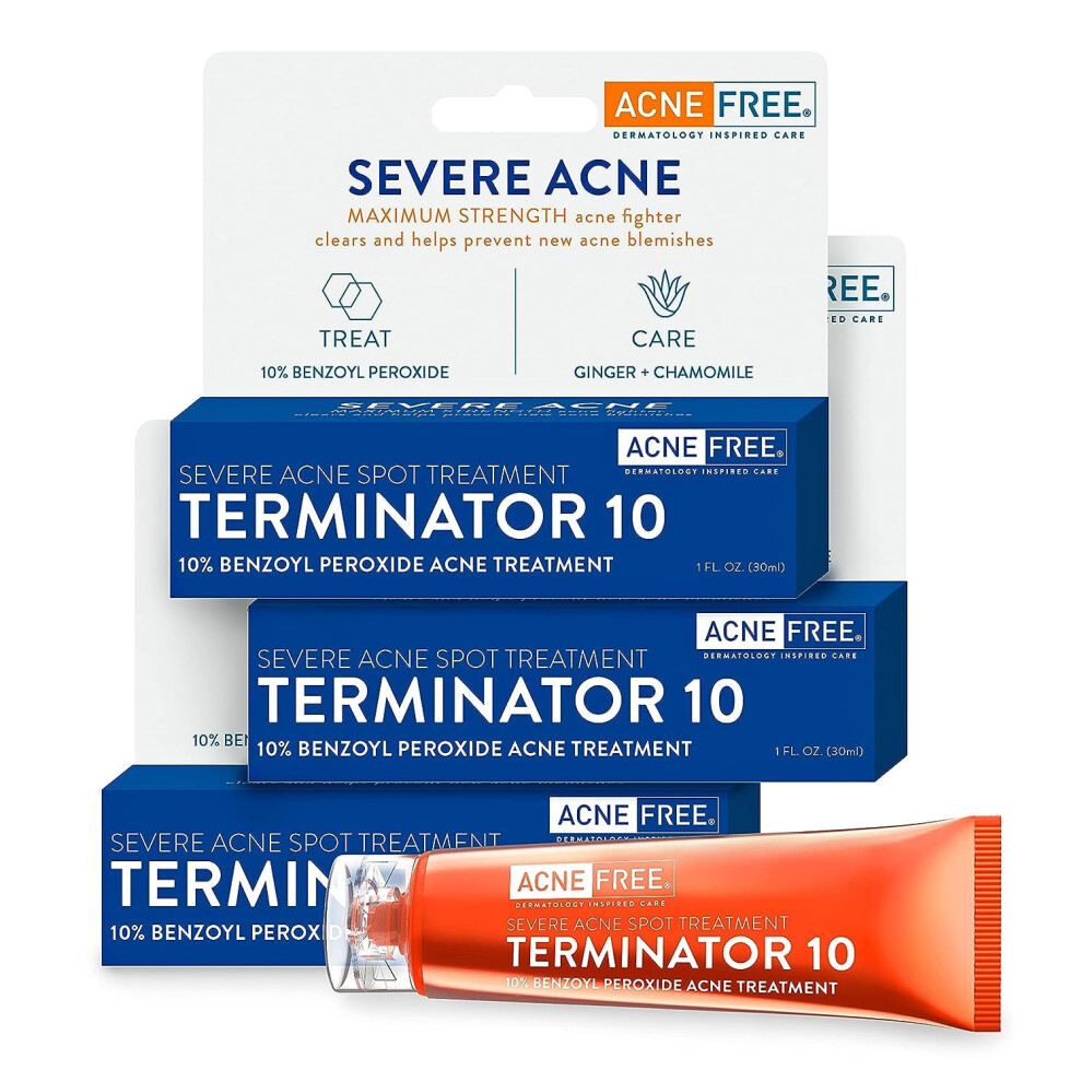 Acne Free Terminator 10 Acne Spot Treatment With Benzoyl Peroxide 10% Maximum Strength Acne Cream Treatment  1 Ounce  Pack of 3