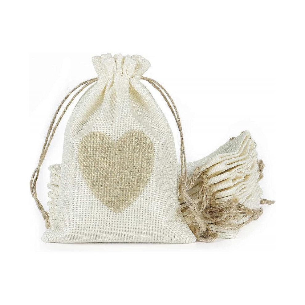 20 Pcs Burlap bags, Heart Hessian Bags with Drawstring, Jute Favour Pouches Jewelry Candy Sacks for Christmas Wedding Birthday Party DIY Craft (Beige)
