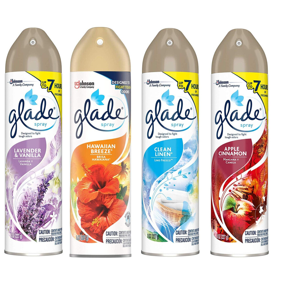 Glade Spray Collection 4 Flavors: Lavender & Vanilla  Hawaiian Breeze  Clean Linen & Apple Cinnamon. Pack of 4.