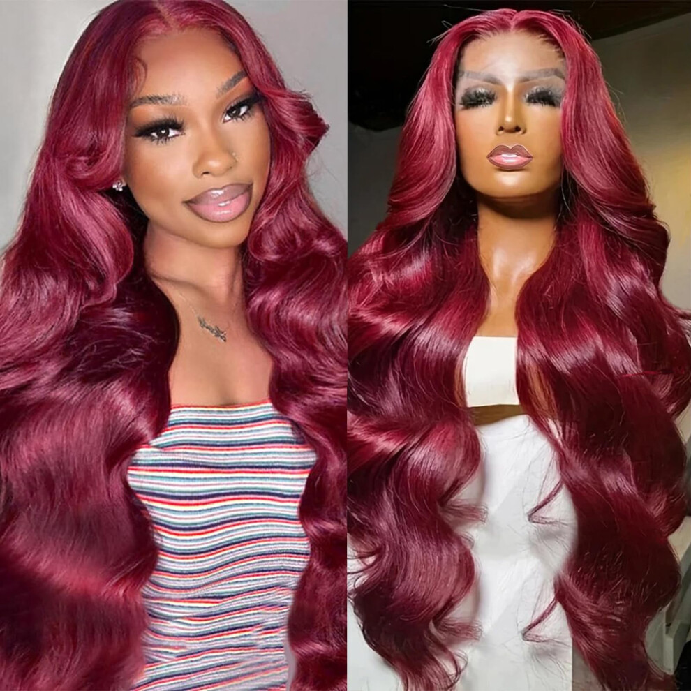 Kongeligt Indtryk Unisex Red Royal Impression 99J Burgundy Lace Front Wigs Human Hair Glueless Wine Colo Body Wave Wigs Pre Plucked With Baby Hair 180% Density 13X4 Hd Tran