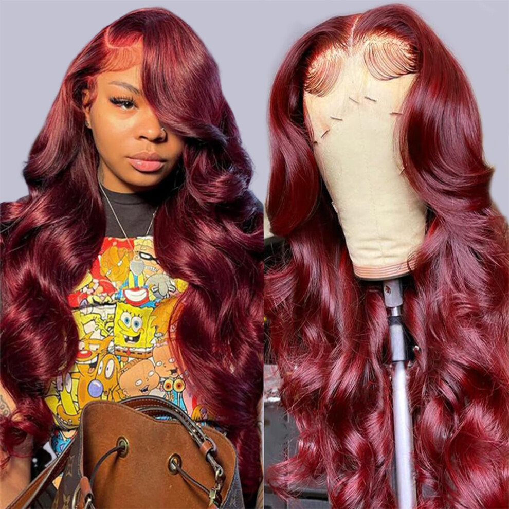 Kongeligt Indtryk Unisex Red Royal Impression 99J Burgundy Lace Front Wigs Human Hair Glueless Wine Colo Body Wave Wigs Pre Plucked With Baby Hair 180% Density 13X4 Hd Tran