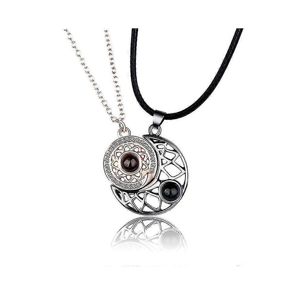Newest Sun Moon Star Couple Necklace Magnets Attract Each Other Valentine's Day Pendant, Rose Gold