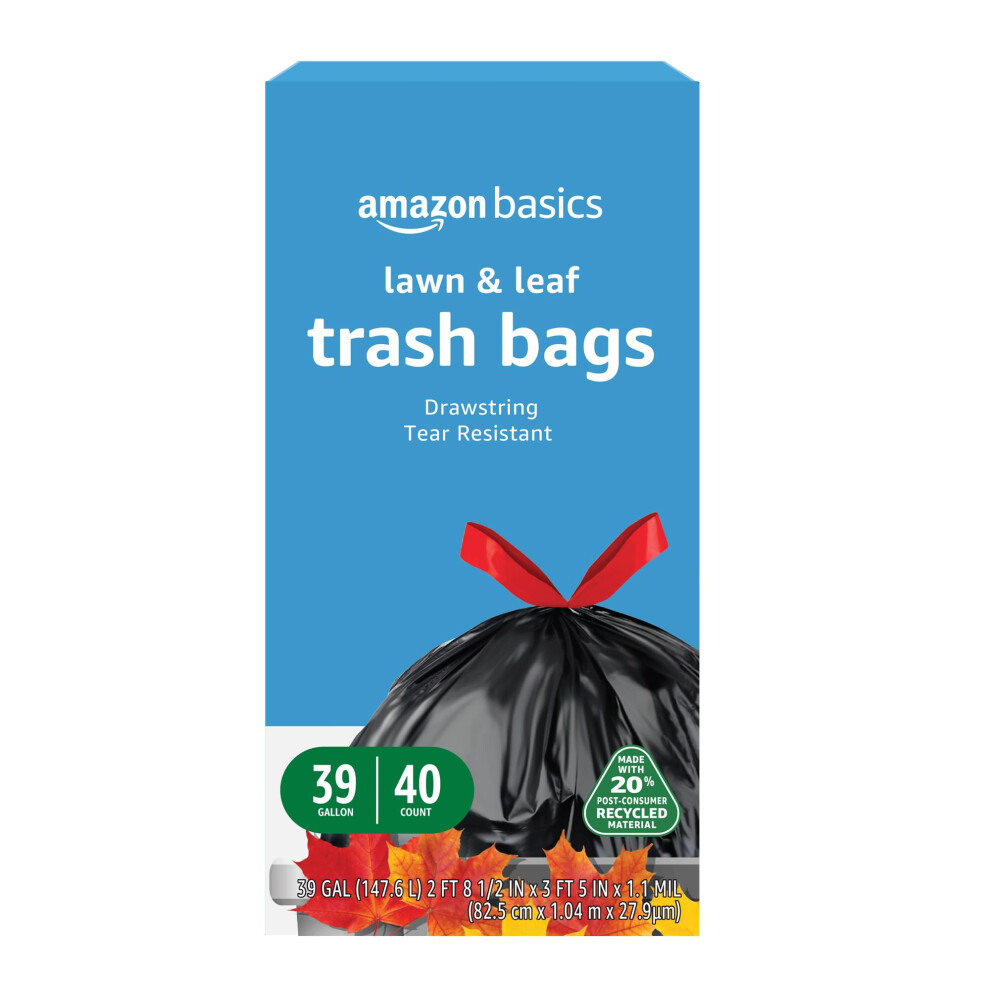 Amazon Basics 39 Gallon Lawn & Leaf Heavy Duty Drawstring Trash Bags  20% Post Consumer Recycled  40 Count