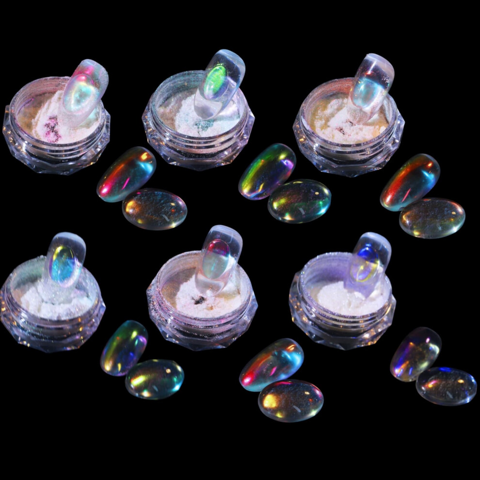 Charming May Ice Transparent Aurora Nail Powder Neon Rainbow Holographic Chameleon Powder Multi Chrome Iridescent Pigment Pearlescent Nail Art Glitters (6 Boxes Tr