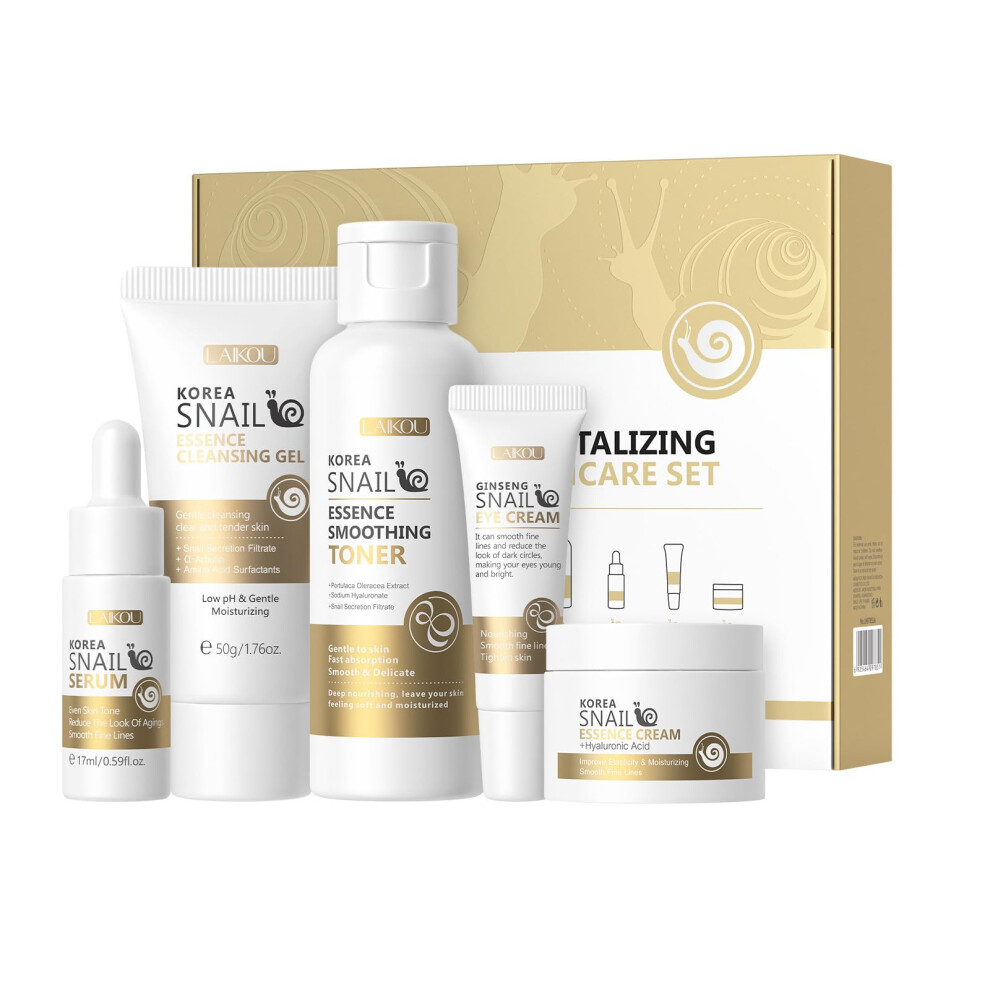 Korean Snail Essence Skin Care Kit Skincare Gifts for Women Include Gentle Cleanser Toner Eye Cream Serum Cream Long-Lasting Moisturizing & Nourishing