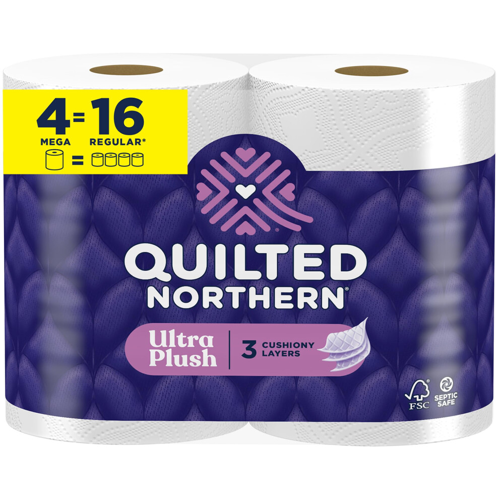 Quilted Northern Ultra Plush Toilet Paper 4 Mega Rolls = 16 Regular Rolls 3X Thicker* 3 Ply Soft Toilet Tissue
