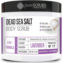 pureSCRUBS Premium biologische bodyscrubset - INCLUSIEF lepel luffa en zeep - Grote 16oz LAVENDEL BODY SCRUB Dode Zeezout doordrenkt biologische esse