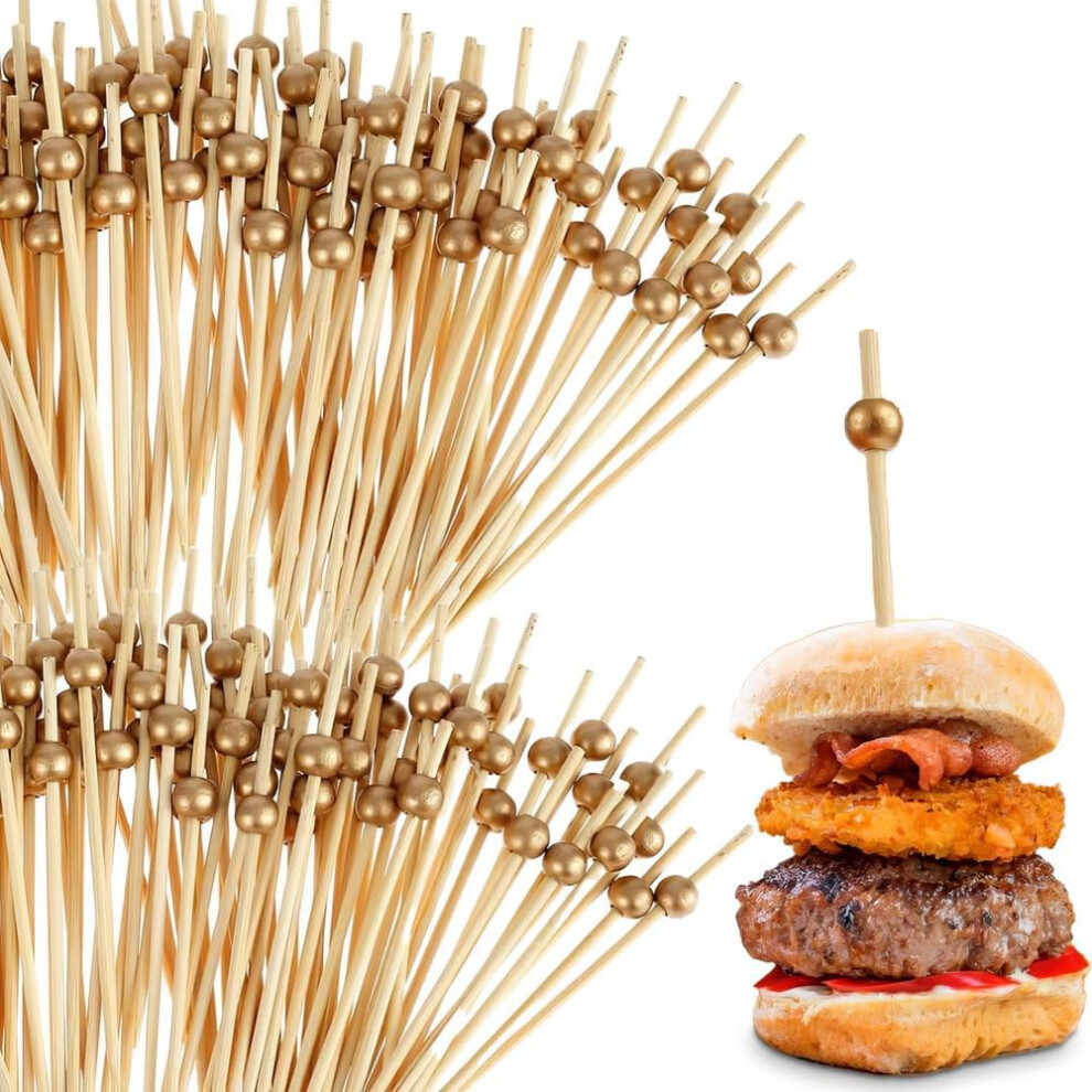 Eco-friendly Gold Wooden Ball Food Picks (Pack of 100) - Sustainable Skewers And Bamboo Picks for Charcuterie  Appetizers  & Cocktail Picks For Partie