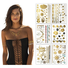 Terra Tattoos Gold Metallic Tattoo Flash Blätter mit Muscheln, Sonne, Blumen & mehr! Wasserdichte Gesichtstattoos für Frauen