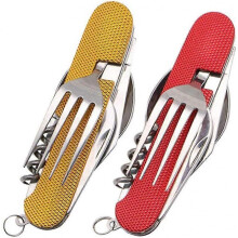 2pcs Folding Camping Cutlery Set Stainless Steel Utensil 6 in 1 Multitool Outdoor Survival Travel Hiking Cutlery Kit Detachable Tableware