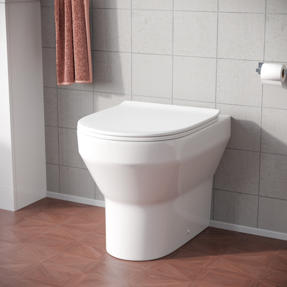 Nes Home White Rimless Round Back to Wall Toilet with Soft Close Slim Seat