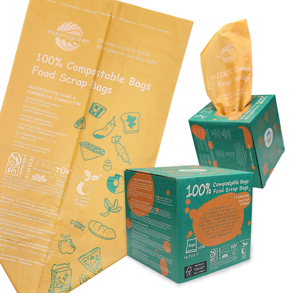 Kompostowalne Worki Na Smieci Moonygreen 2,6 Galona 9,84 Litra 200 Sztuk Bardzo Grube Odpady Spozywcze Male Worki Na Odpady Kuchenne Us Bpi Astm D640-image