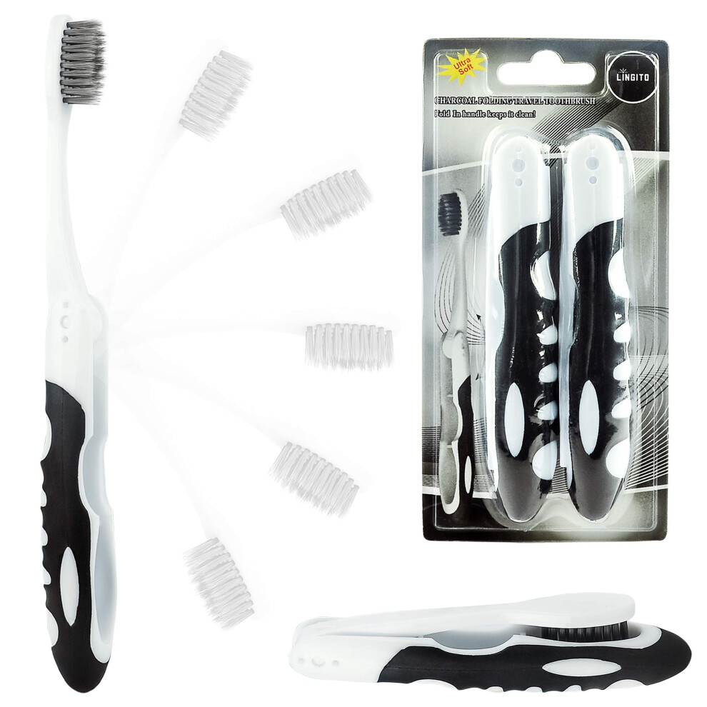 Lingito Travel Charcoal Toothbrush On The Go Folding Feature Soft Bristle Brushes (2 Pack)
