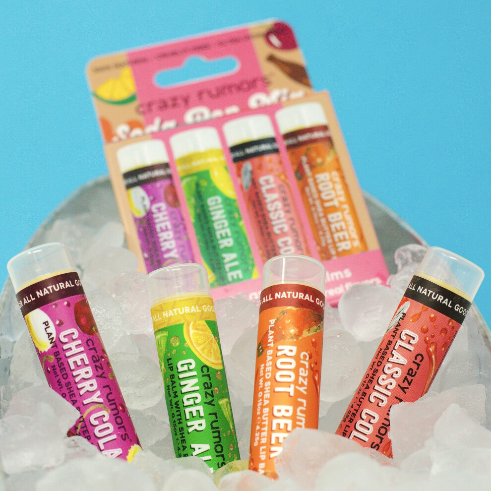 Skã¸Re Rygter Crazy Rumors Soda Pop Mix Lip Balm 4-Pack Mix (Cherry Cola, Ginger Ale, Classic Cola, Root Beer) 100% Natural, Vegan, Plant-Based, Made In Usa