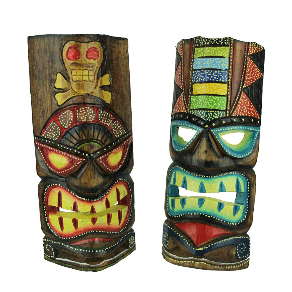 Chesapeake Bay Ltd Set Van 2 Levendige Handgesneden Houten Tiki Totem-Muurmaskers - Ambachtelijk Vervaardigd - Tropische Eiland-Ge Nspireerde Han-image
