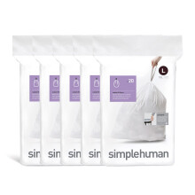 simplehuman Code L 100 Count Genuine Custom Fit Liners Drawstring Trash Bags in Dispenser Packs 18 Liter / 4.7 Gallon White