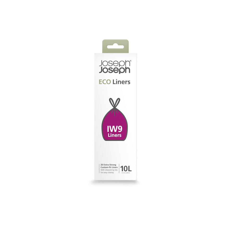 Joseph Joseph Eco IW9 Recycled Bin Liners  Kitchen/Bathroom Trash Bags  Tie Tape Drawstring  Extra Strong  20-Pack  10L/2.6 Gallons  Grey