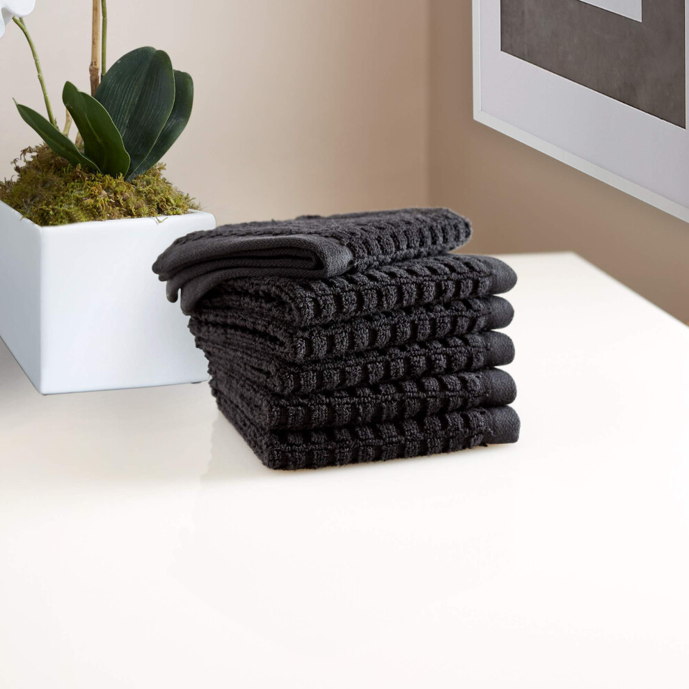DKNY Quick Dry 100% Cotton Towels  6 Pack Washcloths - 12 x12  Black