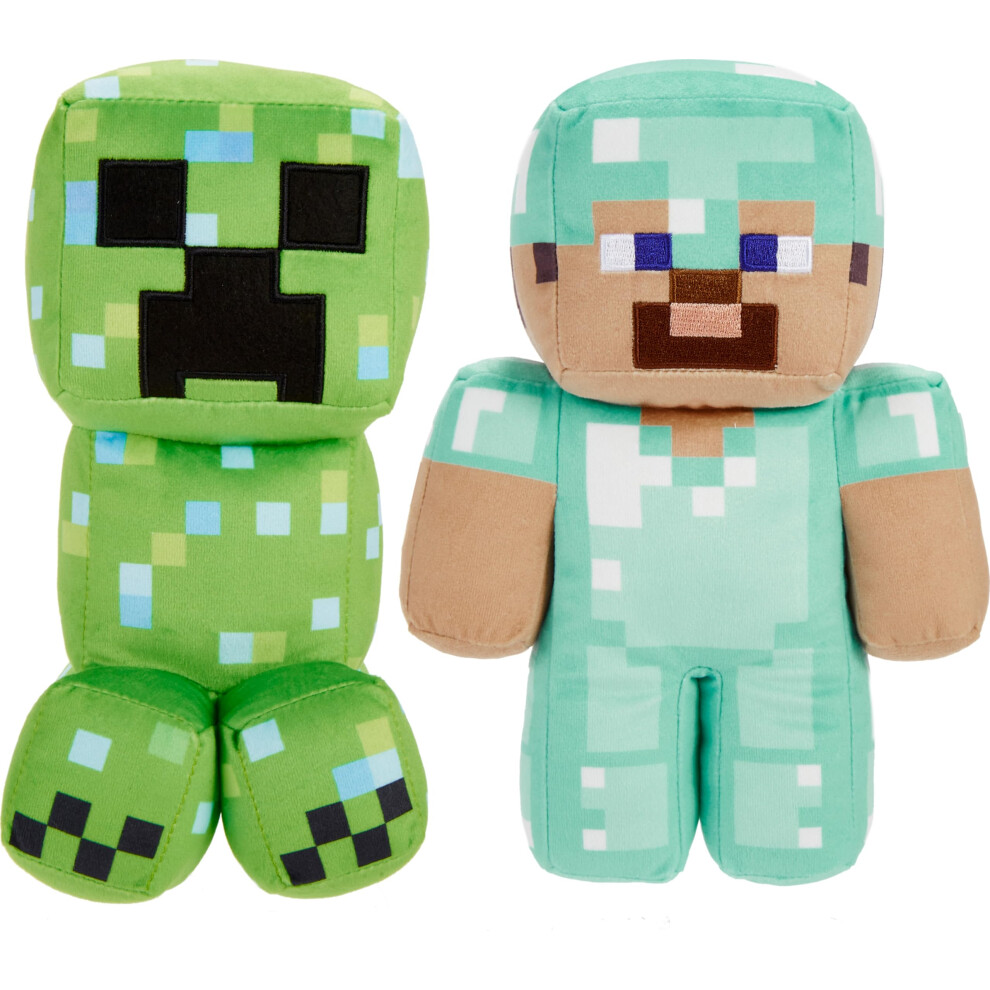 Mattel Minecraft - Set Di 2 Statuine Di Peluche Di Steve In Diamond Armor E Creeper Charged Creeper Con Design Pixelato-image