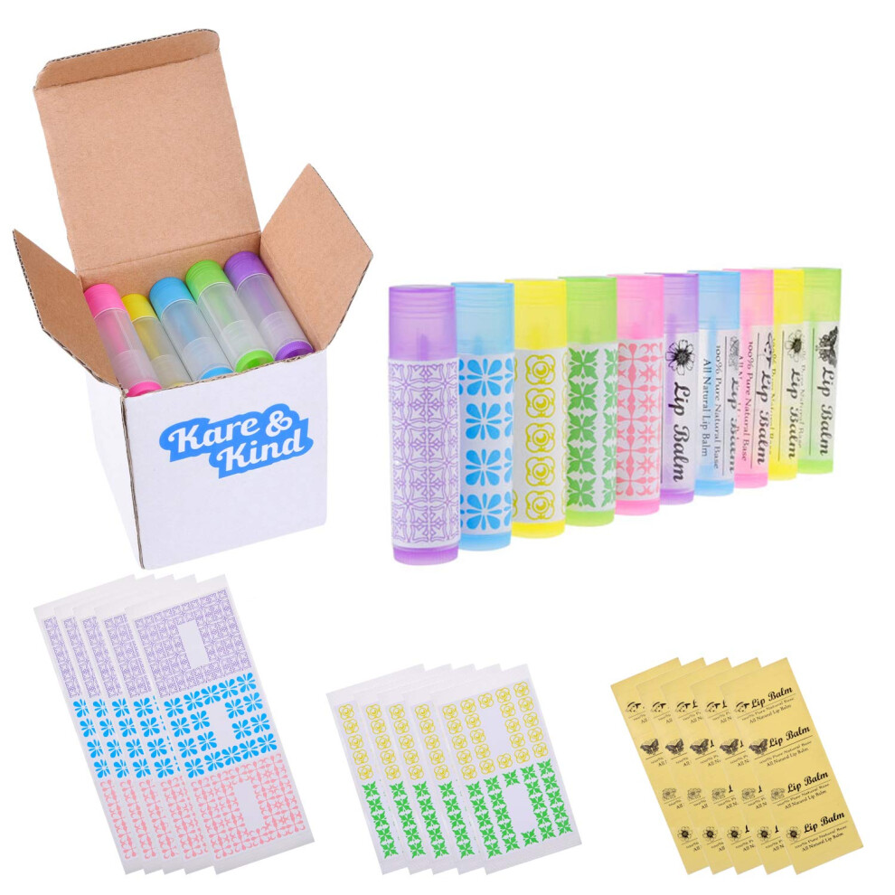 Kare & Kind Lip Balm Container Tubes - 25-Pack (5X5 Colors) - Diy - 3/16 Oz (5.5 Ml) - Including 25 Writeable (5X5 Colors) & 25 Printed Stickers - Twist Mechanism