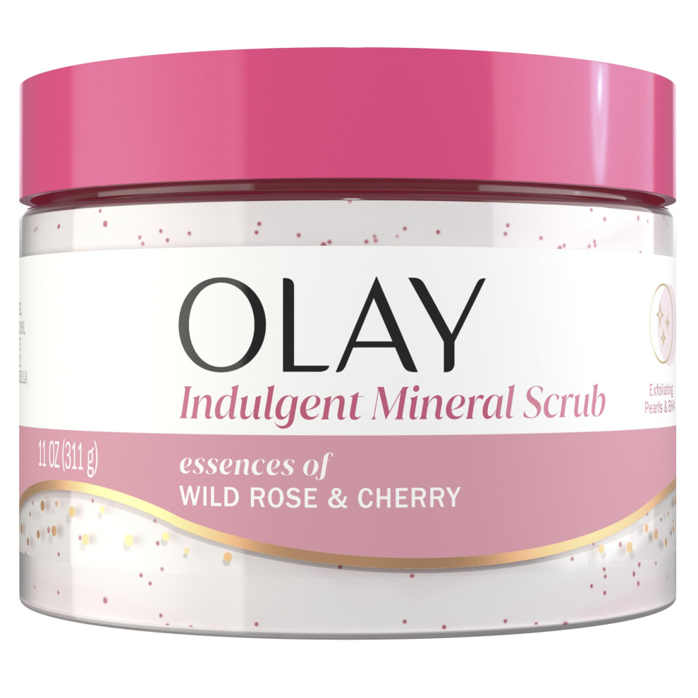 Olay Indulgent Mineral Scrub Skin Exfoliating & Massaging Pearls Renewing Bha Vitamin B3 Complex Essences Of Wild Rose & Cherry Creme Scent 11 Oz