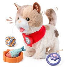 TUMAMA TM390 Toy Cat for Kids - Cute Realistic Walking Cat That Meows, Tongue Out, Wags Tail, Interactive Plush with Leash (Ages 3-7)
