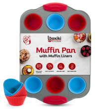 Boxiki Kitchen Mini-muffinvorm voor 12 kopjes met siliconen muffinvormpjes (set van 12). Professionele cupcakevorm voor het bakken van muffinvorm Min