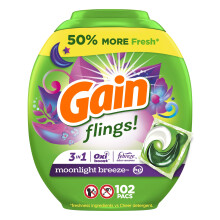 Gain Flings Moonlight Detergent Pacs 102 Count Moonlight Breeze Scent 3 az 1-ben HE Mosszer Pacs Oxi Boost s Febreeze funkcival