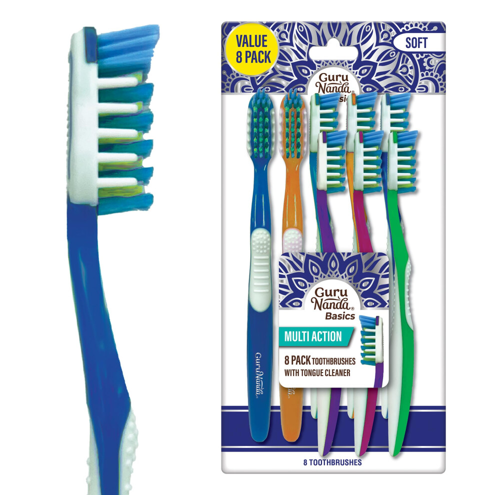 GuruNanda Multi-Action Toothbrush with Tongue Cleaner - Soft Bristles for Sensitive Teeth & Gums - Assorted Colors Pack of 8