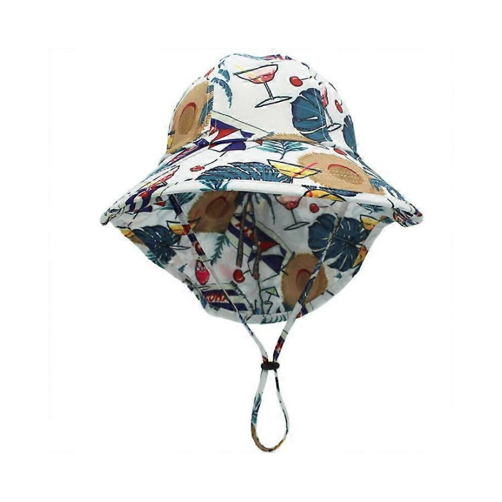 Sea World Pattern Kids Sun Hat, Neck Protection Sun Hat, Super Sun Protection Upf 50+, Cap Size 51-54cm (White + Coconut Tree)