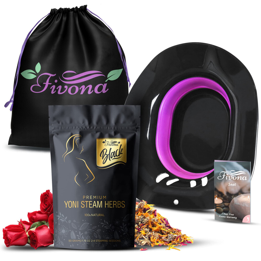 Fivona 3-in-1 Yoni Steam Kit Black - Foldable Over The Toilet Steamer Seat with Herbal Blend and Storage Bag - Effective Detox pH Balance Cleansing an