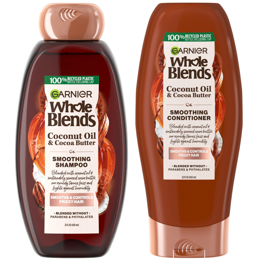 Garnier Whole Blends Coconut Oil & Cocoa Butter Smoothing Shampoo and Conditioner Set for Frizzy Hair  22 Fl Oz (2 Items)  1 Kit (Packaging May Vary)