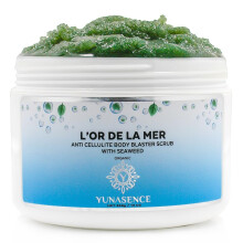 YUNASENCE L'OR DE LA MER Organiczny antycellulitowy peeling do ciala z sola morska, wodorostami, trawa cytrynowa 13 uncji Wygladzajacy zluszczajacy,