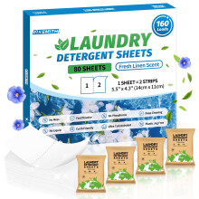 Fixsmith Feuilles de detergent a linge - 160 charges (80 feuilles) parfum de lin frais - Hypoallergenique Eco Friendly Laundry Detergentt Striche