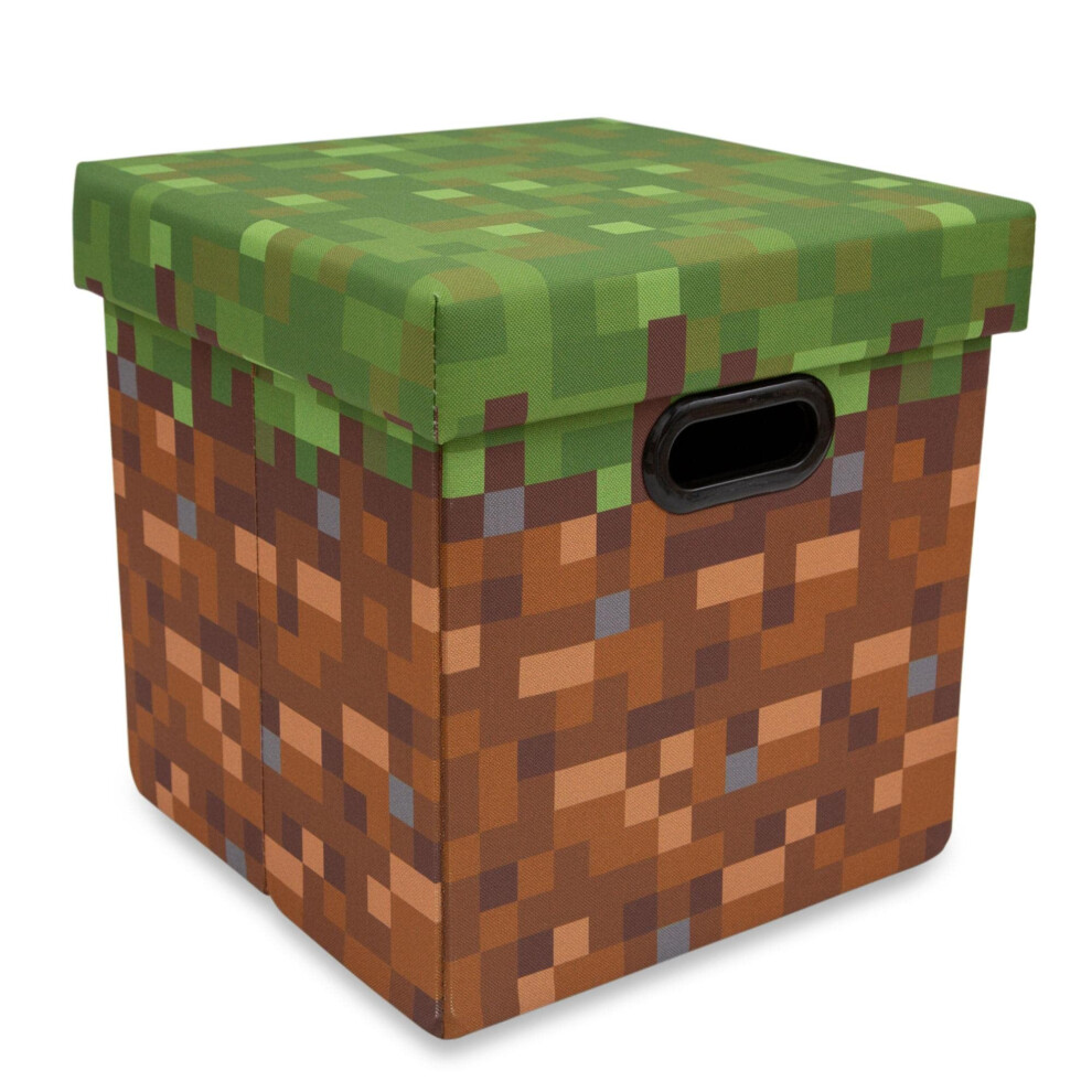 MINECRAFT Grassy Block 13-Inch Storage Bin Chest With Lid | Foldable Fabric Basket Container  Cube Organizer With Handles  Cubby For Shelves  Closet |