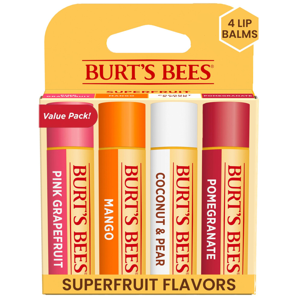 Burt's Bees Lip Balm - Pink Grapefruit  Mango  Coconut & Pear  and Pomegranate Pack  Lip Moisturizer With Beeswax  Tint-Free  Natural Origin Condition