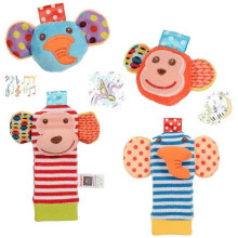 Baby Rattle, 4 Pcs Infant Baby Wrist Rattles and Foot Finder Set Sock Toys Developmental Soft Animal Toys (2 Elephants + 2 Monkeys)
